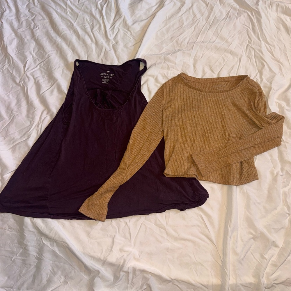 American eagle fall bundle burgundy tank and yellow cropped long sleeve medium